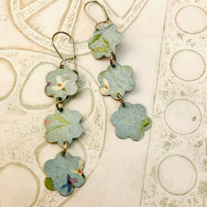 Faded Denim Flowers Upcycled Rectangles Tin Earrings