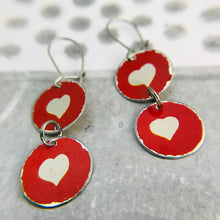 Load image into Gallery viewer, White Hearts on Red Tiny Tin Earrings