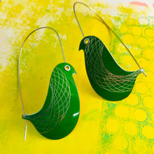 Load image into Gallery viewer, Paris Green Spirograph Birds on a Wire Upcycled Tin Earrings