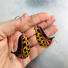 Load image into Gallery viewer, Embroidered Lattice Birds on a Wire Upcycled Tin Earrings