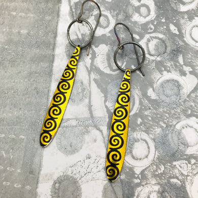 Spiral Lines Long Teardrops Upcycled Tin Earrings