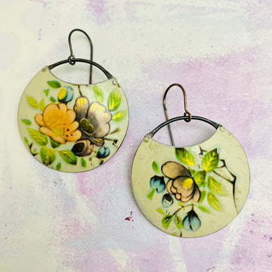 Vintage Flowers on Cream Circles Upcycled Tin Earrings