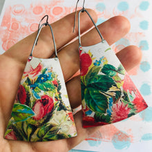 Load image into Gallery viewer, Vintage Flowers on White Zero Waste Tin Long Fans Earrings