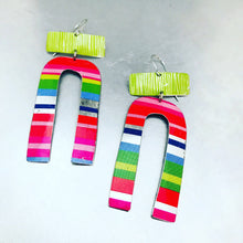 Load image into Gallery viewer, Bright Striped Horseshoe &amp; Etched Celery Green Zero Waste Tin Earrings