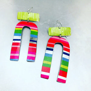 Bright Striped Horseshoe & Etched Celery Green Zero Waste Tin Earrings