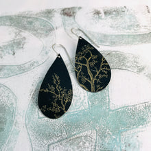 Load image into Gallery viewer, Golden Branches on Midnight Upcycled Teardrop Tin Earrings