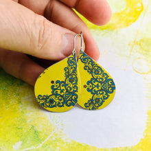 Load image into Gallery viewer, Bright Yellow Upcycled Teardrop Tin Earrings