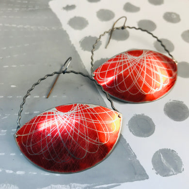 Red Spirograph Gibbous Moon Recycled Tin Earrings