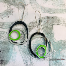 Load image into Gallery viewer, Black, White &amp; Bright Green Smaller Scribbles Upcycled Tin Earrings