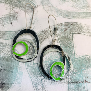 Black, White & Bright Green Smaller Scribbles Upcycled Tin Earrings