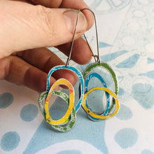 Load image into Gallery viewer, RESERVED for EM — Leaf, Lake &amp; Lemon Too Smaller Scribbles Upcycled Tin Earrings