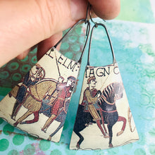 Load image into Gallery viewer, Bayeux Tapestry Horsemen Upcycled Tin Long Fans Earrings