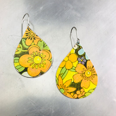 Orange Allover Flowers Upcycled Teardrop Tin Earrings