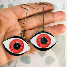 Load image into Gallery viewer, Red Eye Upcycled Tin Earrings