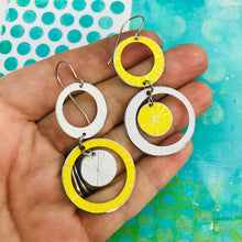 Load image into Gallery viewer, White &amp; Yellow Starburst Multi Circles Upcycled Tin Earrings