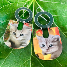 Load image into Gallery viewer, Gray Kittens Chunky Horseshoe Tin Earrings