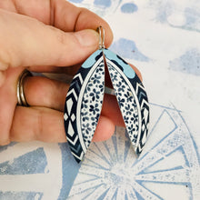 Load image into Gallery viewer, Blue Flower Edge Upcycled Tin Leaf Earrings