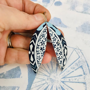 Blue Flower Edge Upcycled Tin Leaf Earrings
