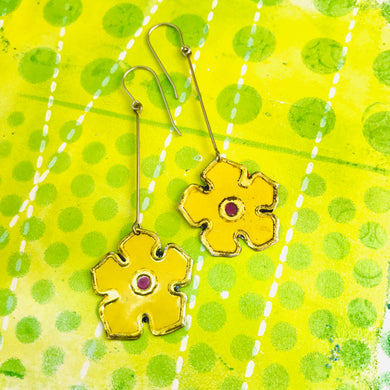 Yellow Vintage Stylized Flowers Recycled Tin Earrings