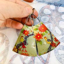 Load image into Gallery viewer, Bright Scarlet Blossoms &amp; Birds Upcycled Tin Long Fans Earrings