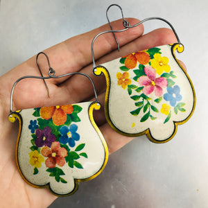 Vintage Flowers on White Rounded Shape Recycled Tin Earrings