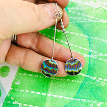 Load image into Gallery viewer, Close up Blue Flower Petals Long Dot Upcycled Tin Earrings