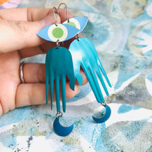 Load image into Gallery viewer, Teal Hand &amp; Blue Moon Talisman Zero Waste Tin Earrings