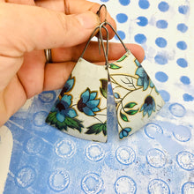 Load image into Gallery viewer, Beautiful Blue Vintage Flowers Upcycled Tin Long Fans Earrings