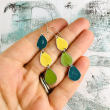 Load image into Gallery viewer, Teal, Goldenrod &amp; Olive Tri-Teardrop Upcycled Tin Earrings