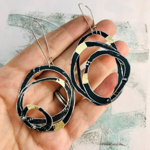 All Black Gold Leaf Big Scribbles Upcycled Tin Earrings