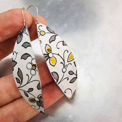 Gunmetal Gray Leaves on White Upcycled Tin Earrings