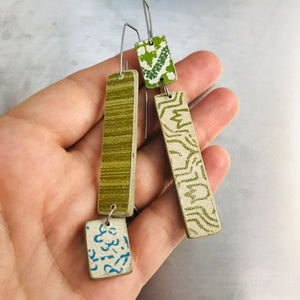 Mixed Green Pattern Rectangles Recycled Book Cover Earrings