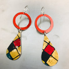 Load image into Gallery viewer, Bright Red Ring &amp; Vintage Tiles Tin Long Teardrops Earrings