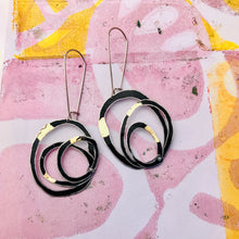 Load image into Gallery viewer, All Black &amp; Gold Leaf Smaller Scribbles Upcycled Tin Earrings