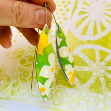 Load image into Gallery viewer, Spring Green White Flowers Long Pods Upcycled Tin Leaf Earrings