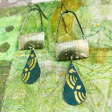 Load image into Gallery viewer, Vintage Gold &amp; Slate Teardrops Aqua Rings Upcycled Teardrop Tin Earrings