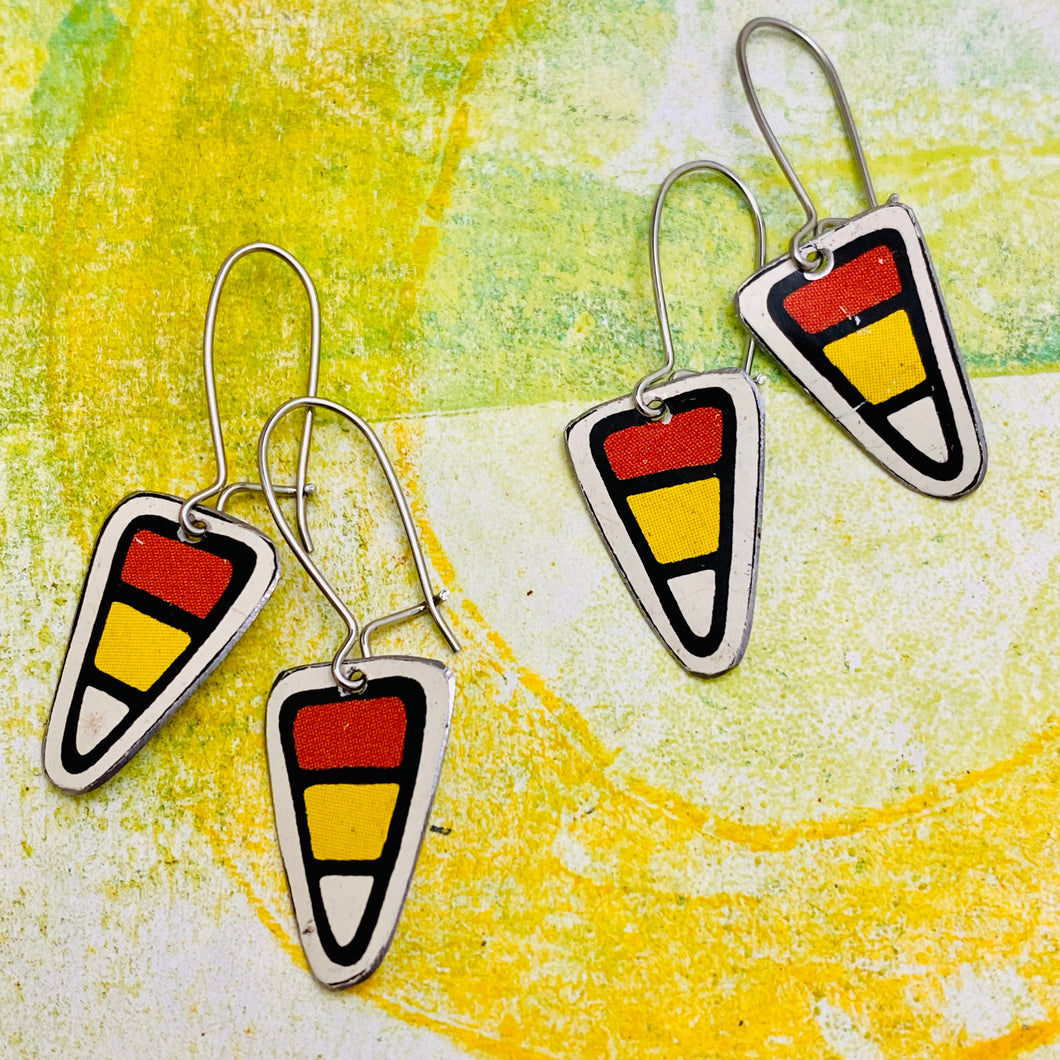 Tiny Candy Corn Upcycled Tin Earrings