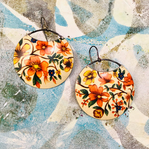 Orange Blossoms Circles Upcycled Tin Earrings