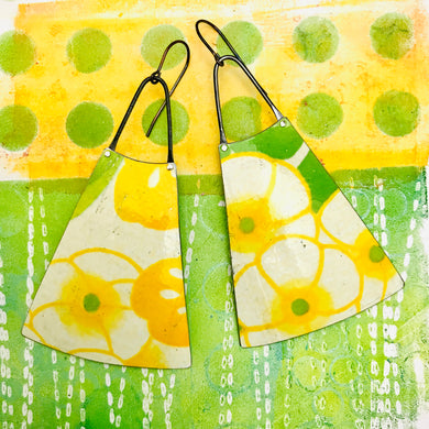 Big White & Yellow Upcycled Tin Long Fans Earrings