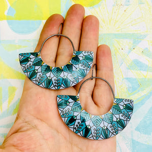 Leaf Mandala Teals Half Moon Tin Earrings