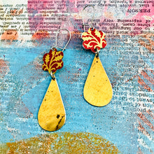 Load image into Gallery viewer, Red Flowers &amp; Bronze Teardrops Upcycled Teardrop Tin Earrings