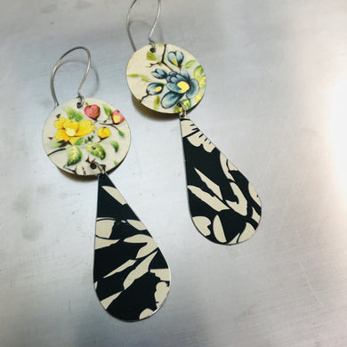 Vintage Flowers and Black Tin Long Teardrops Earrings