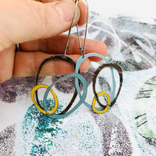 Load image into Gallery viewer, Chocolate, School Bus &amp; Slate Upcycled Tin Scribble Earrings