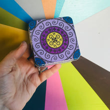 Load image into Gallery viewer, Purple Mandala Upcycled Teardrop Tin Earrings
