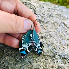 Load image into Gallery viewer, Mixed Blues &amp; Teal Reuleaux Triangle Upcycled Teardrop Tin Earrings