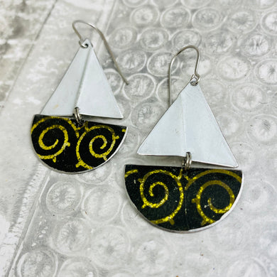 Golden Swirls on Midnight Upcycled Tin Sailboat Earrings