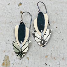 Load image into Gallery viewer, Midnight &amp; Gold Reuleaux Triangle Upcycled Teardrop Tin Earrings