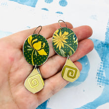 Load image into Gallery viewer, Yellow Flowers on Green Ovals Tin Earrings
