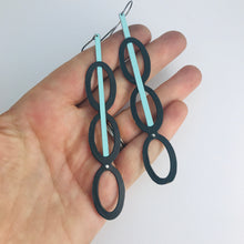Load image into Gallery viewer, Mod Black Ovals &amp; Aqua Upcycled Vintage Tin Long Mod Earrings