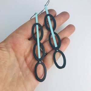 Mod Black Ovals & Aqua Upcycled Vintage Tin Long Mod Earrings